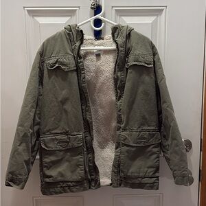 Olive Green Hooded Jacket with Sherpa Lining